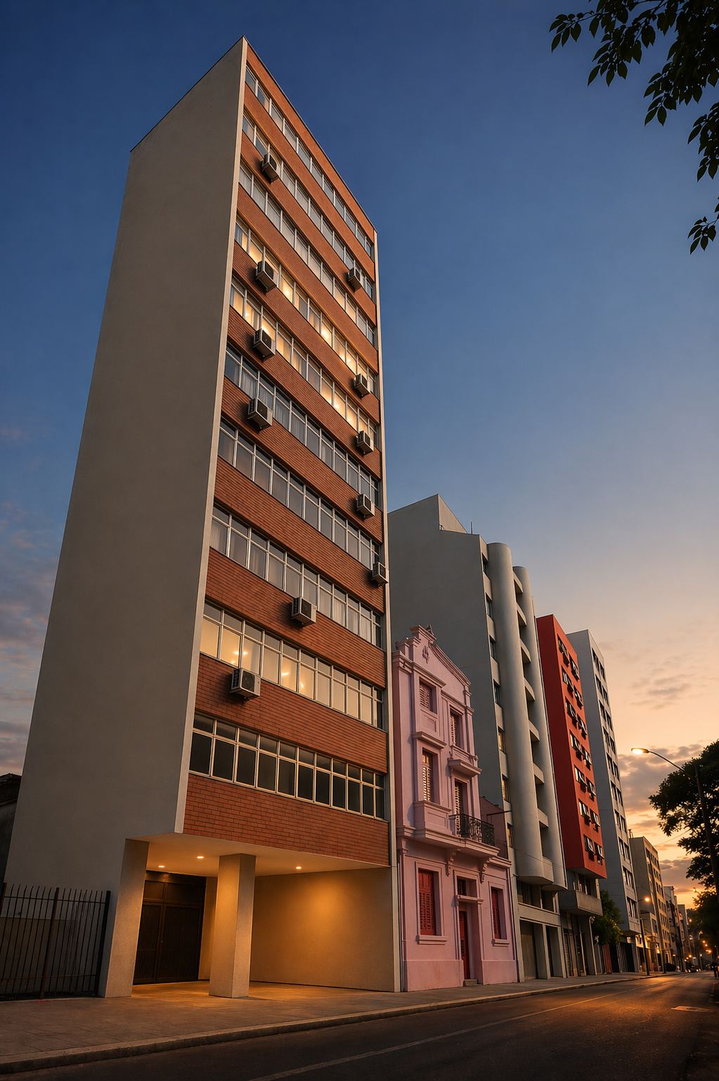 Fachada do edifício onde fica o escritório, no centro de Sorocaba, ao entardecer